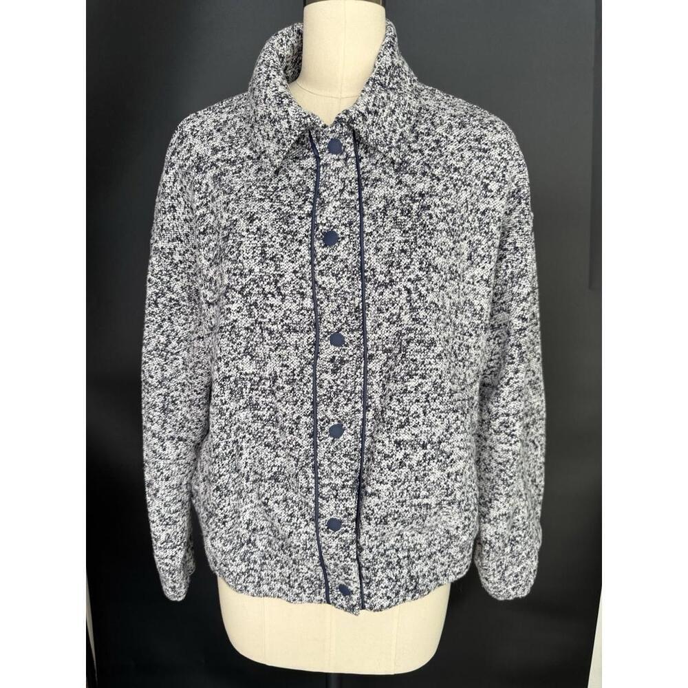 OFFLINE AERIE Boucle Jacket Cardigan Tweed Navy Faux Leather Trim Sz M - Picture 2 of 11